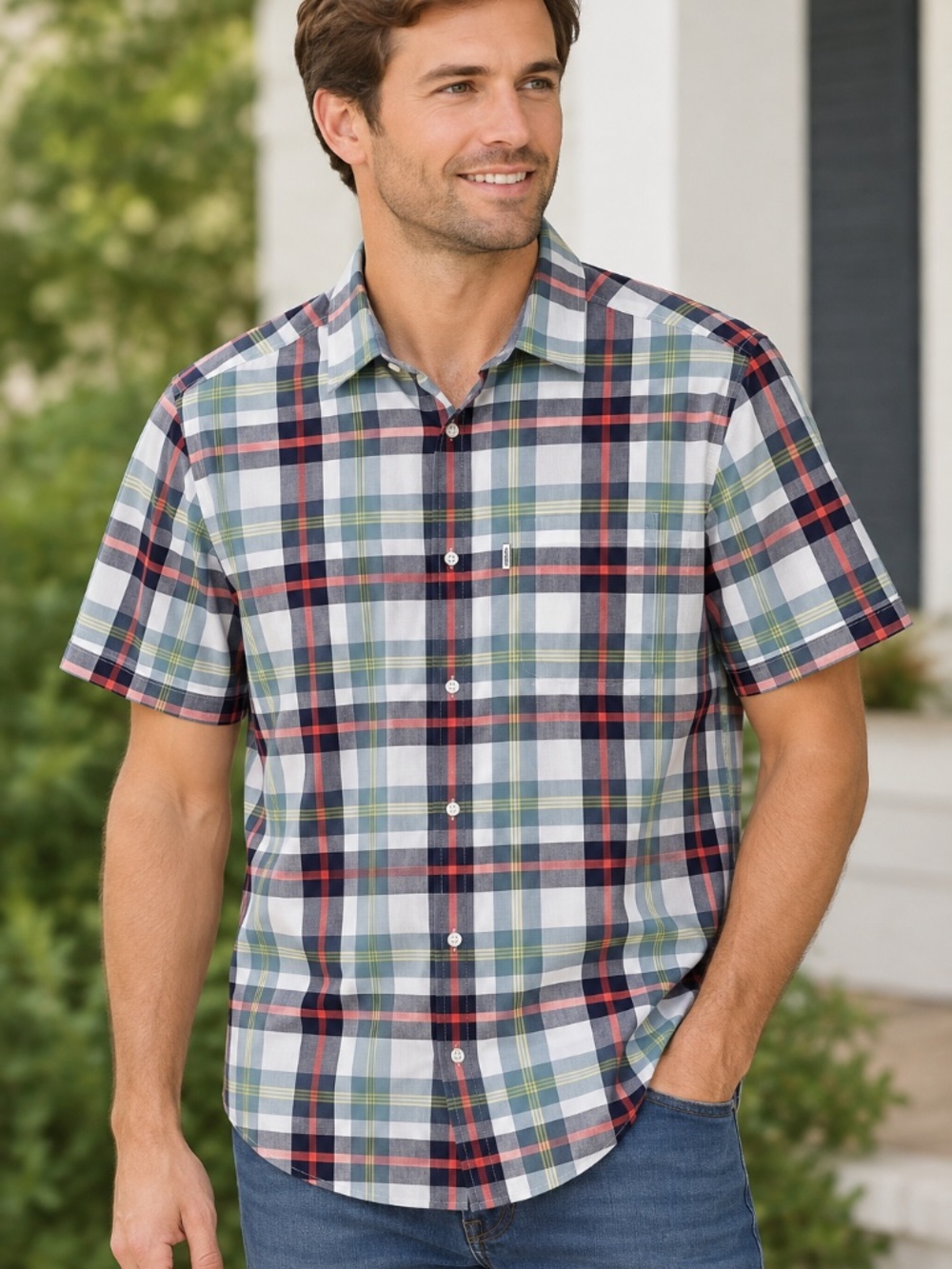 WeSC Stockholm Sweden short sleeve button up plaid shirt, size L